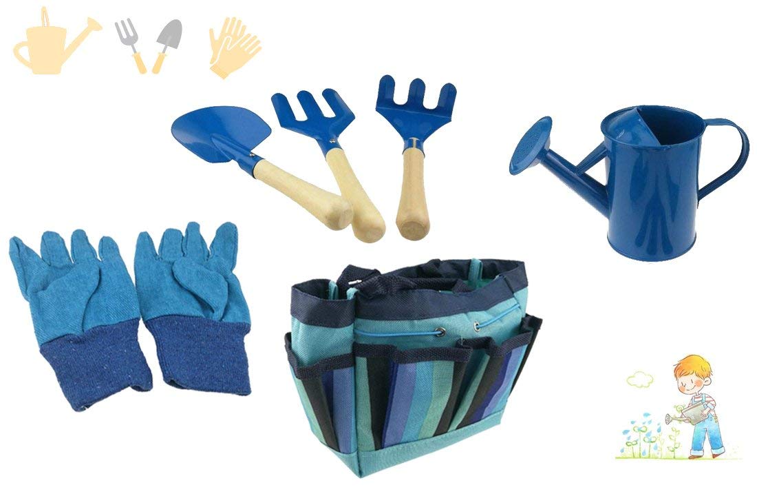 Winterworm Children's Garden Tool Set with Tote Hand Rake Shovel Fork Watering Can Gloves Kids Garden Toys (Blue)