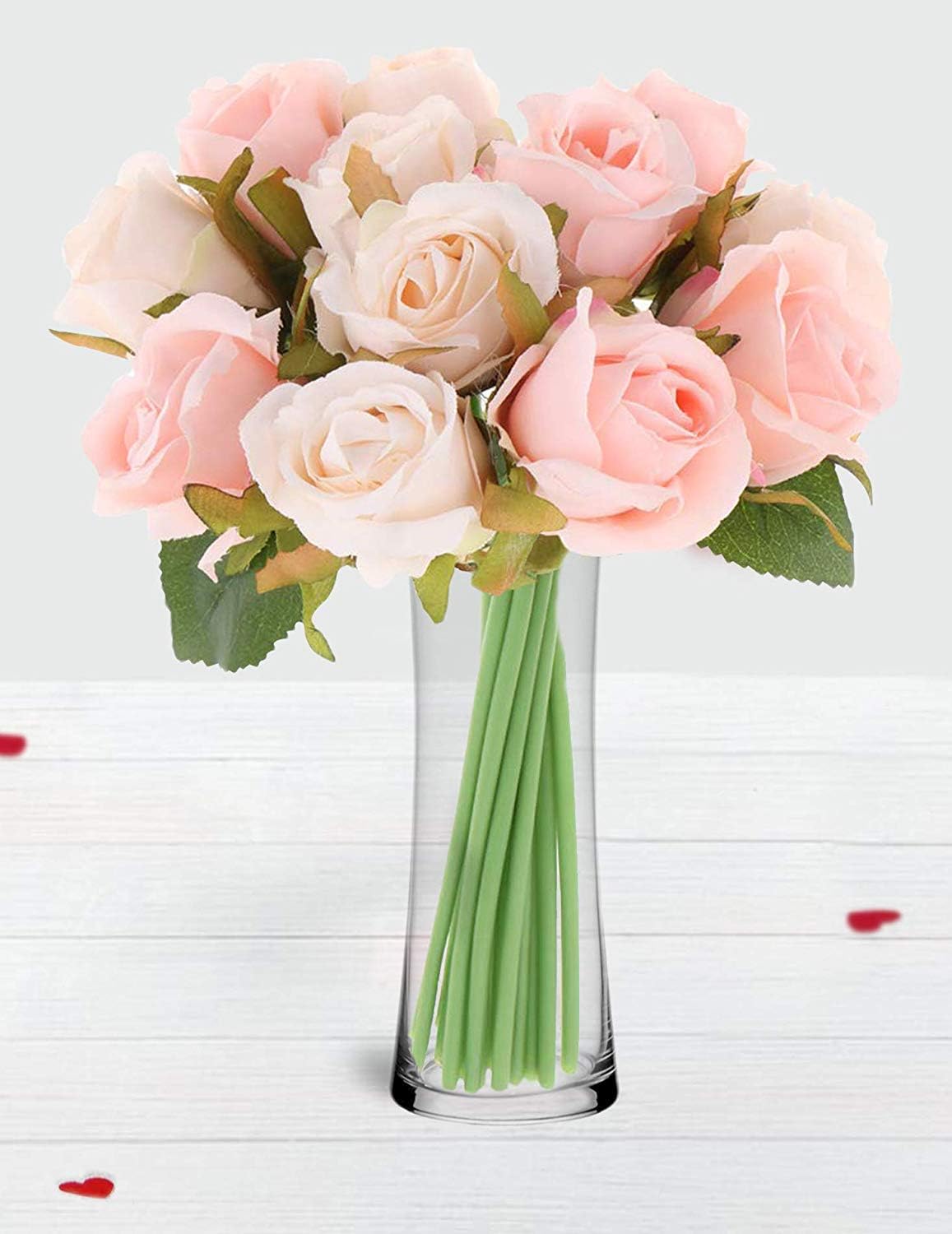 TIED RIBBONS Decorative Faux Pink Rose Flowers with Glass Vase for Home Decor, Side Corners, Living Room, Dining Room, Center Table, Bedroom