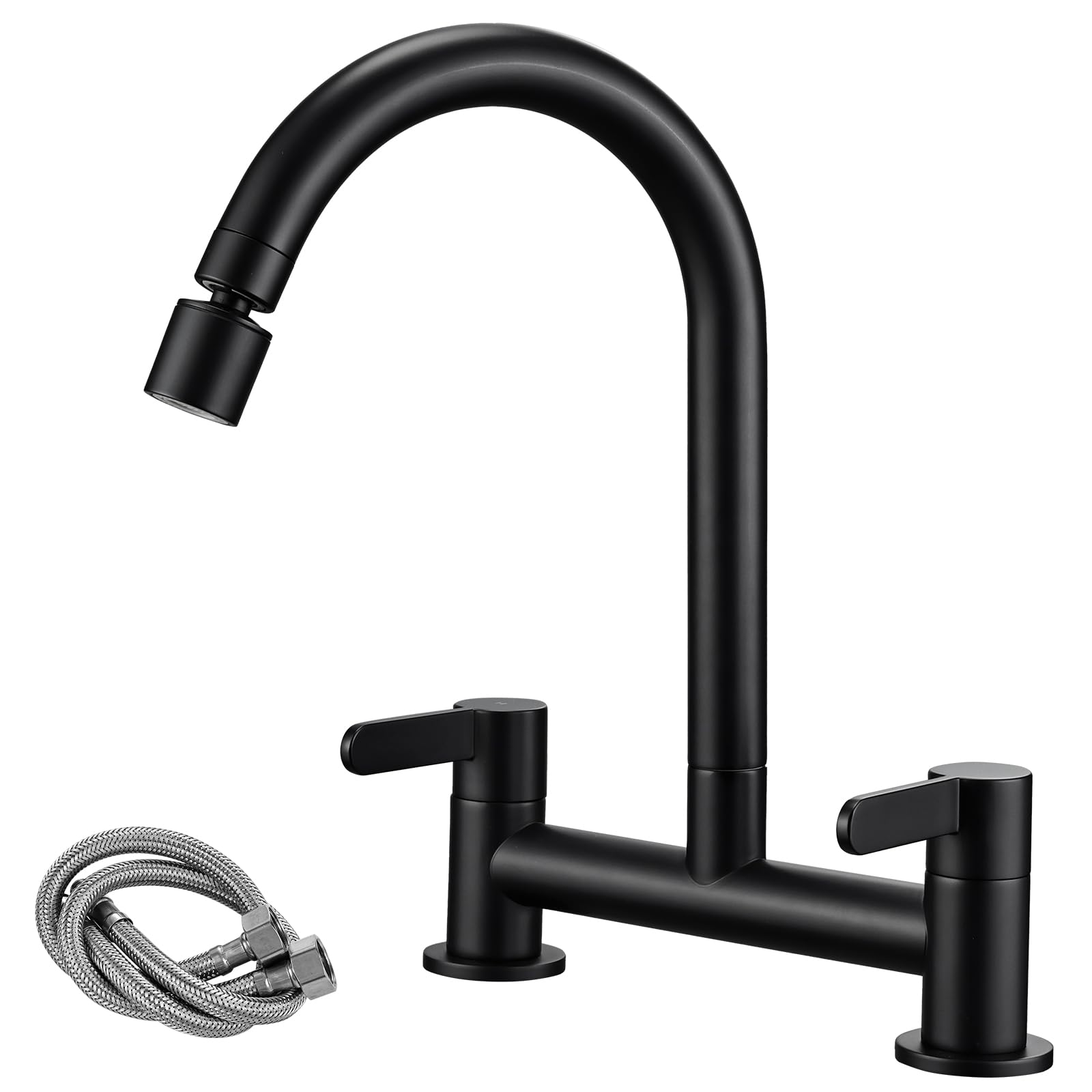 Peppermint Black Kitchen Mixer Taps 2 Hole with 2 Function Aerator Dual Lever Kitchen Bridge Tap Monobloc Two Hole 180MM Centers Deck Mounted Double Brass Faucets1/4 Turn 360° Swivel Sink Tap