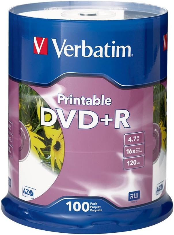 Verbatim DVD+R 4.7GB 16X White Inkjet Printable Disc Spindle - 100 Pack