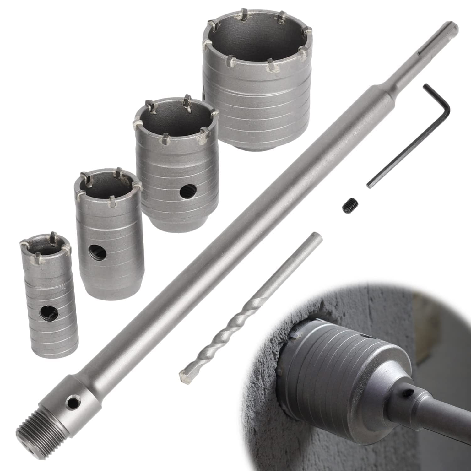 awagas 4Pcs Concrete Hole Saw Kit, 30 40 50 68mm Wall Cutter Drill Bit with SDS Plus Shank 350mm Round Handle Connecting Rod for Concrete Brick Cement Stone Wall Air Conditioner Masonry Tile