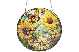 WQVSHRO 5.9'' Sunflower Stained Acrylic Window Hanging,Butterflies Flying in Flowers Wall Decor,Sunflower Gifts for Sunflower Lovers,Women,Girls (Sunflower & Butterfly,B)
