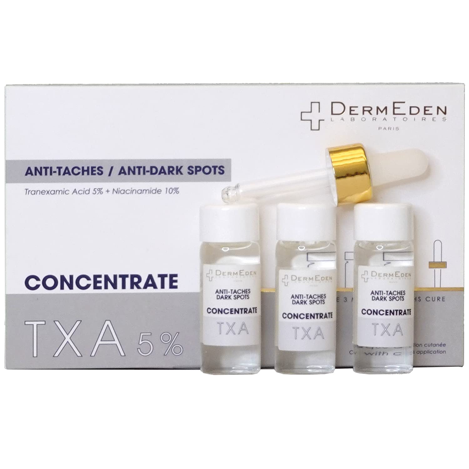 DermEden - TXA Anti-Spot Concentrate 3x10 ml - Eliminates and reduces the appearance of pigmentation spots - Regulates the melanogenesis process - Mesh serum texture - Made in France