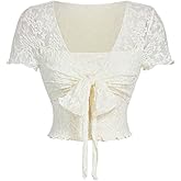 Verdusa Women's Coquette Lace Bow Square Neck Tops Short Sleeve Fairy Going Out Crop Tops