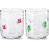 GVKGVK 2 Pcs Christmas Icon Juice Glasses, 14 oz Cute Wine Glass Cups Christmas Tree Xmas Gift Box Old Fashioned Glass Drinkware for Party Supplies Gifts