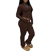 CLOCOR Womens 2 Piece Outfits Sweatsuits - Tracksuit Set Long Sleeve Crop Top & Drawstring Wide Leg Pants with Pockets