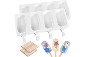 Sakolla 2 Pack Large Silicone Popsicle Molds, 4 Cavities Ice Pop Molds with 50 Wooden Sticks for Ice Cream, Cake Pop, Cakesic