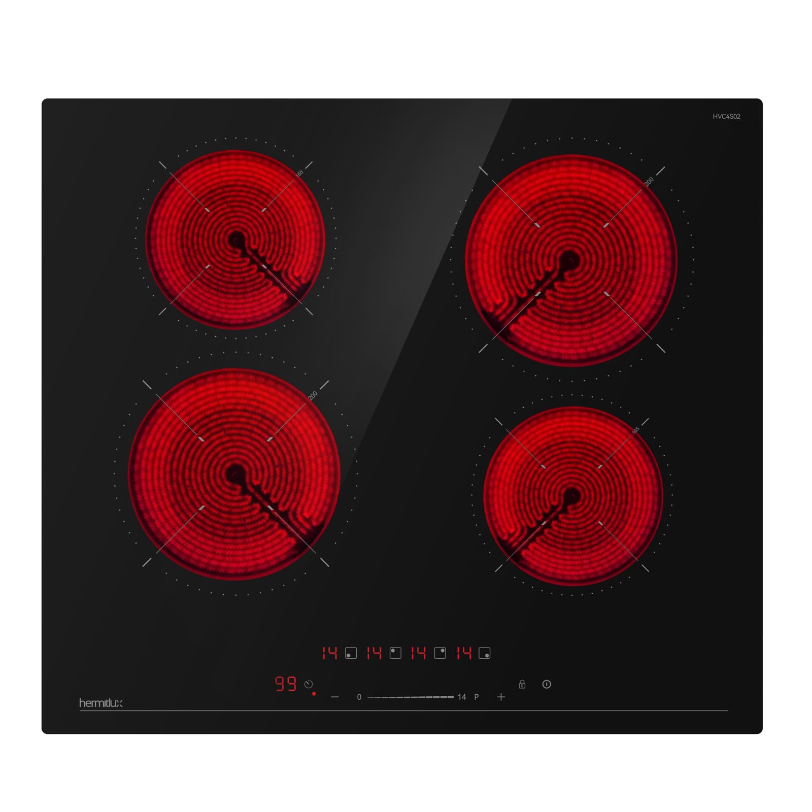 Hermitlux Plaque Vitrocéramique 4 Feux Encastrable 59 Cm, 14 Niveaux De Puissance, Verrouillage Enfant Et Minuterie, 6000W