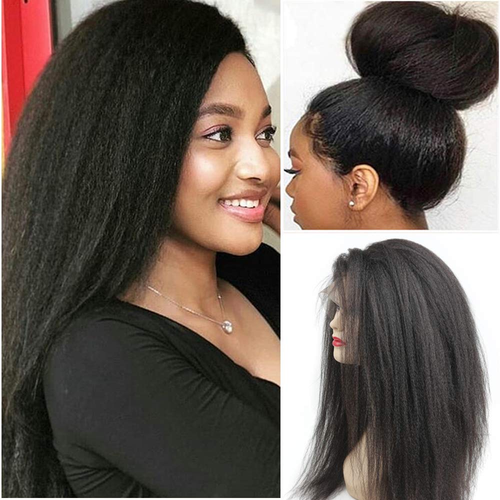 Glueless 360 Lace Frontal Wigs Kinky Straight Human Hair Wig with Baby Hair Pre Plucked Italian Yaki Lace Front Wigs For Women 150% Density Peruvian Remy Hair Natural Hairline (22inch, 360 KS WIG)