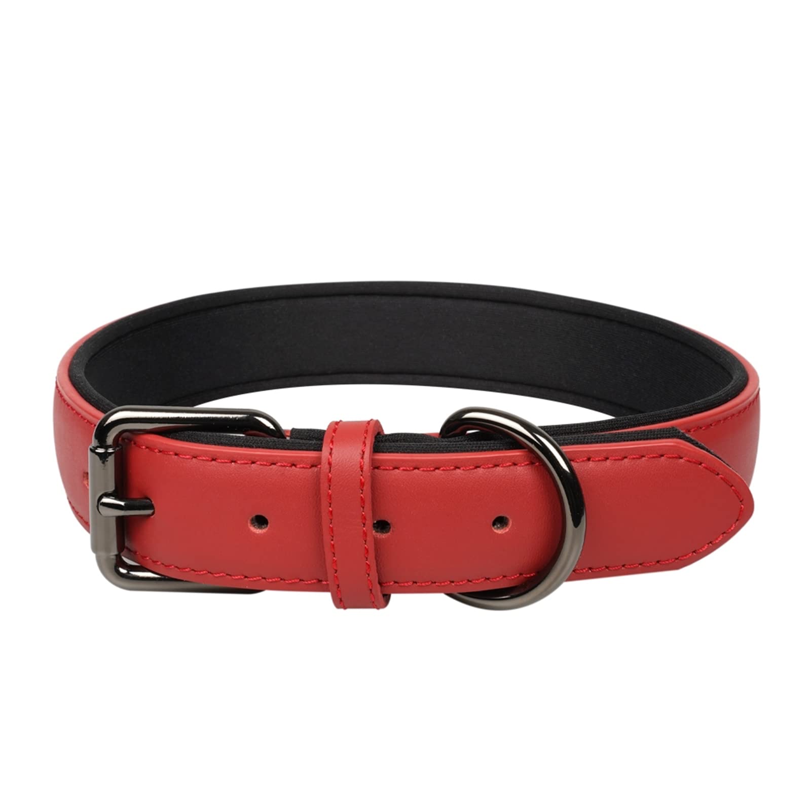 OFHome Dog Collar Leather Red Soft Padded Comfortable Adjustable Strong Pet Collars Best for Small Medium Large Dogs with Heavy Duty Buckle (Red, M)