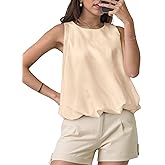 Cicy Bell Womens Bubble Hem Silk Satin Cropped Tank Tops Summer Dressy Casual Sleeveless Shirts Crewneck Loose Fit Blouses