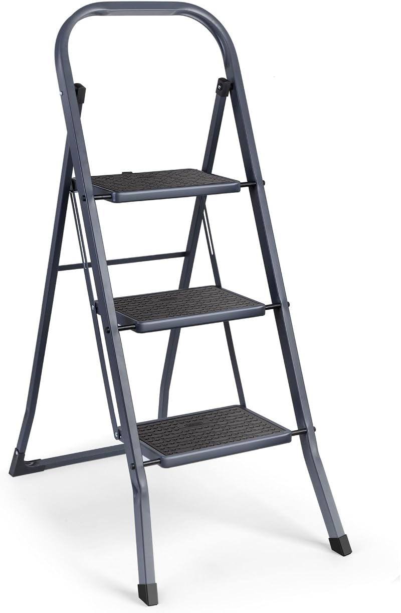 VonHaus 3 Step Ladder – Premium Folding Step Stool 150kg Steel Anti Slip