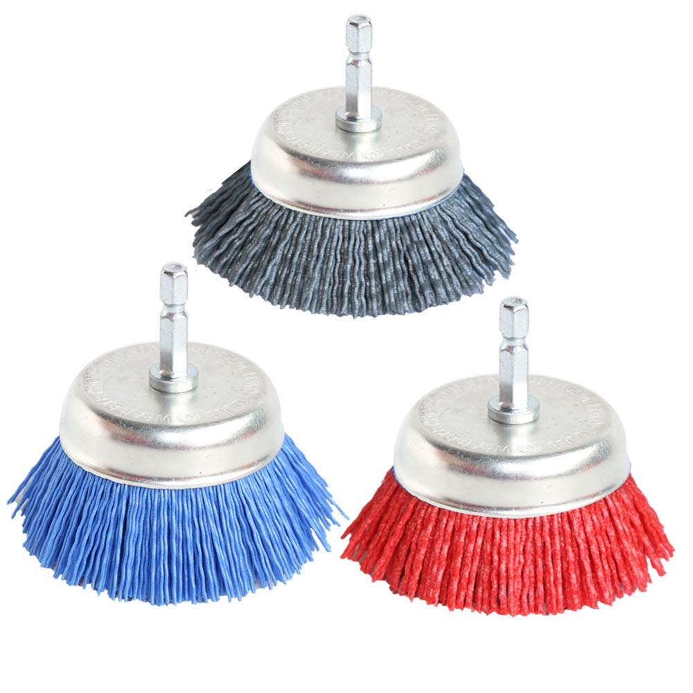 Photo 1 of ***USED*** FPPO Pcs 3 Inch Assorted Cup Brushes Abrasive Wire Nylon Cup Brush for Drill, Grit 80 120 320 with 1/4" Shank,Rotary Brushes for Machines