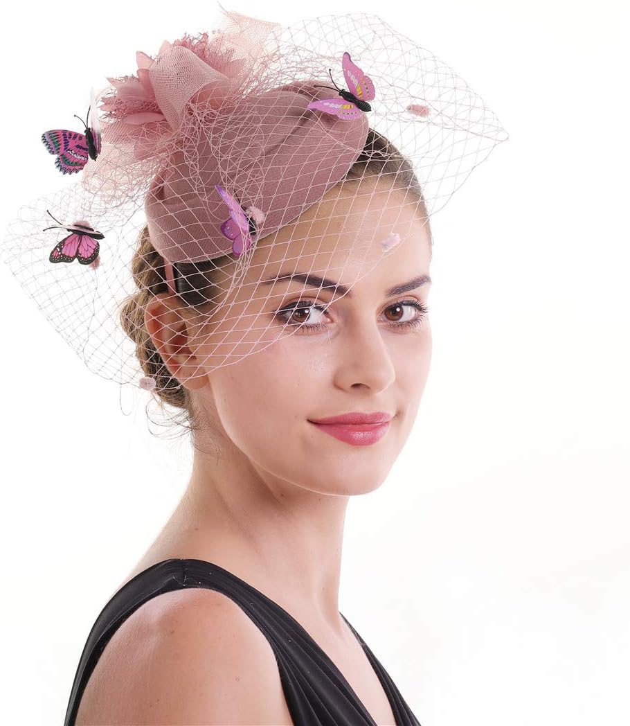 Fascinator Women's Organza Church Kentucky Derby British Bridal Tea Party Wedding Hat Summer Ruffles Cap (Hj7-Pink)
