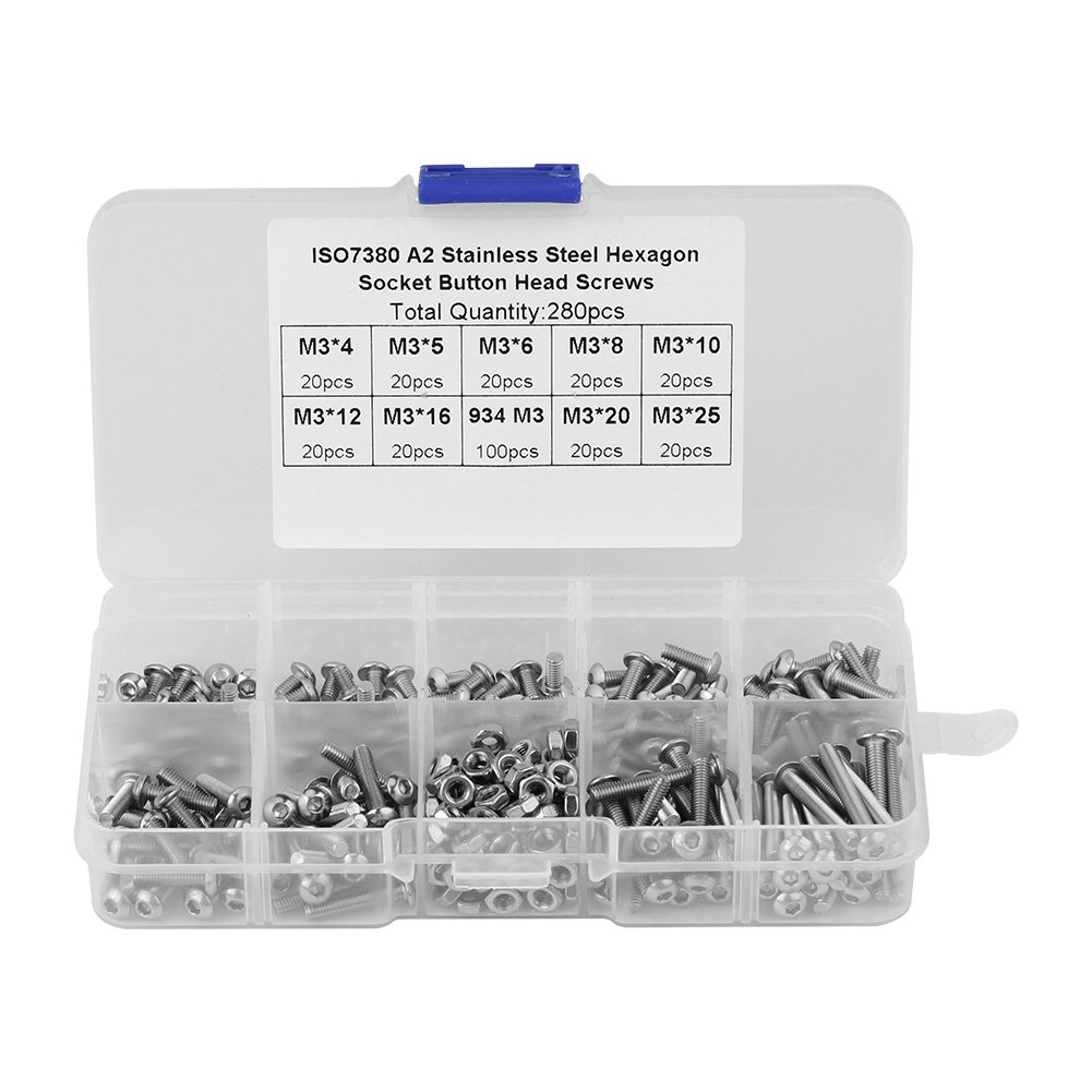 Fdit 280pcs Stainless Steel Socket Head Screws Bolts Nuts Assortment Kit with Plastic Case M3*4/5/6/8/10/12/16/20/25