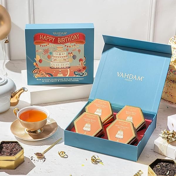 VAHDAM, BIRTHDAY TEA GIFT BOX (7.05OZ/100+ CUPS) PREMIUM BIRTHDAY TEA GIFT SETS | 4 LOOSE LEAF TEA – GREEN TEA, CHAI TEA, HERBAL TEA | GLUTEN FREE, NON GMO | GIFTS FOR WOMEN & MEN, GIFTS FOR HIM/HER