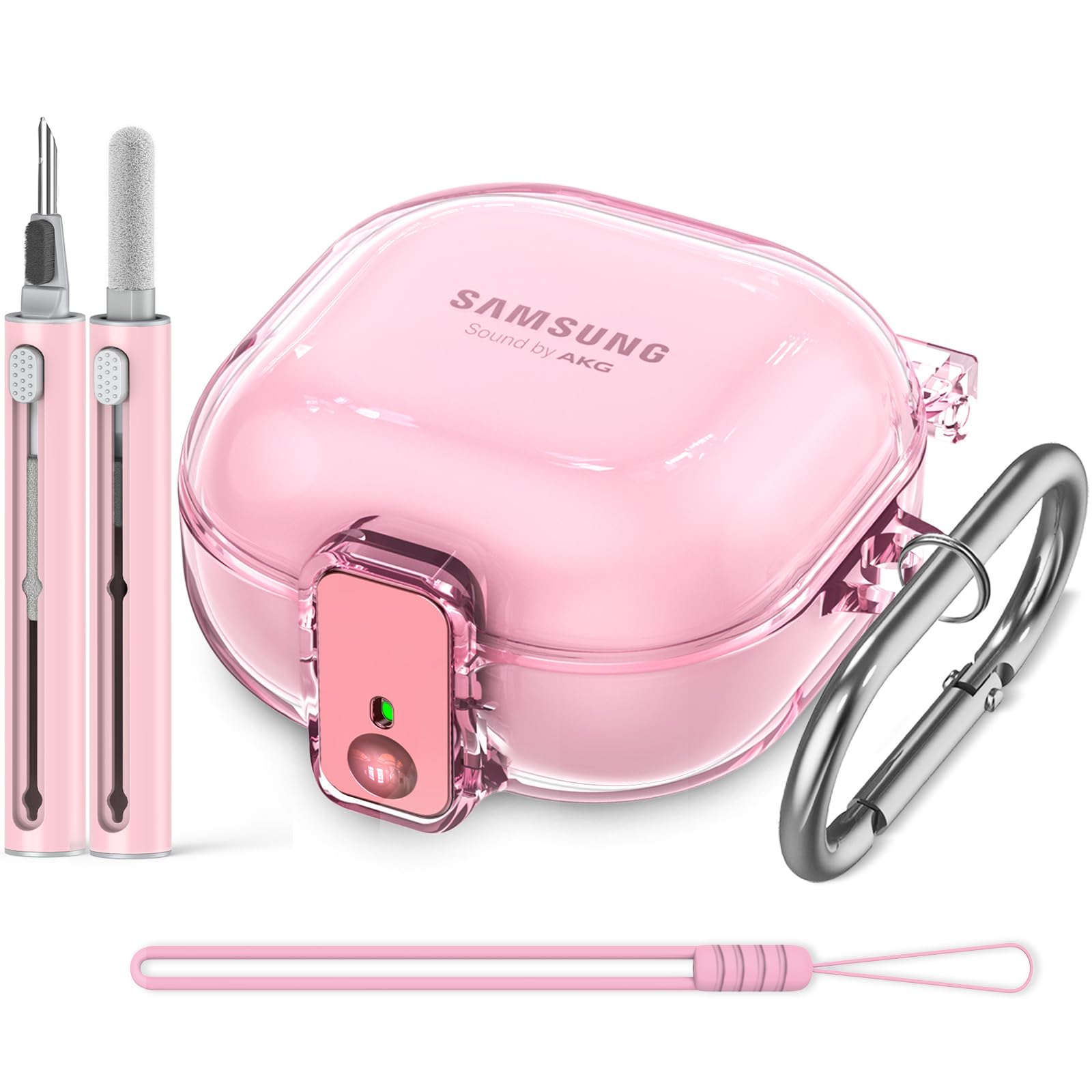 Photo 1 of [with Safety Lock] Clear Case for Samsung Galaxy Buds FE(2023)/Buds 2 Pro(2022)/Buds 2(2021)/Buds Pro(2021)/Buds Live(2020),Accessories with Anti-Lost Keychain/Silicone Wrist Strap(Pink)