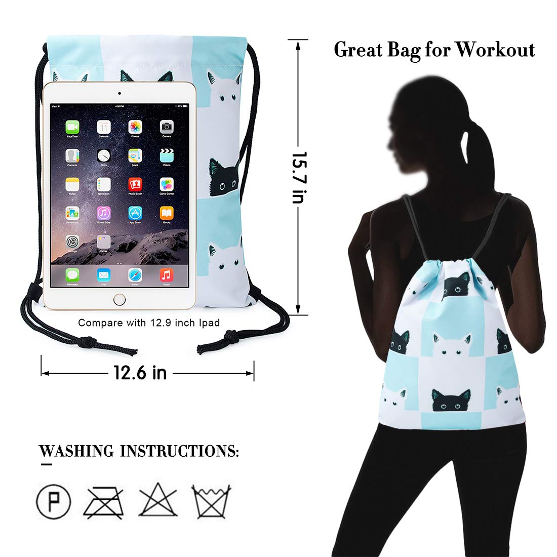 TUONROAD Pretty Cute Design Animal Print Drawstring Backpack Teal White Grid Black Cat Waterproof Lightweight Heavy Duty String Cinch Bag Sack Pack for Toddler Children Kids Girls Boys