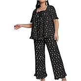 OYOANGLE Women's Plus Size Pajama Set Floral Short Sleeve Sleepwear Ruffle Pants 2 Piece Pjs Lounge Set