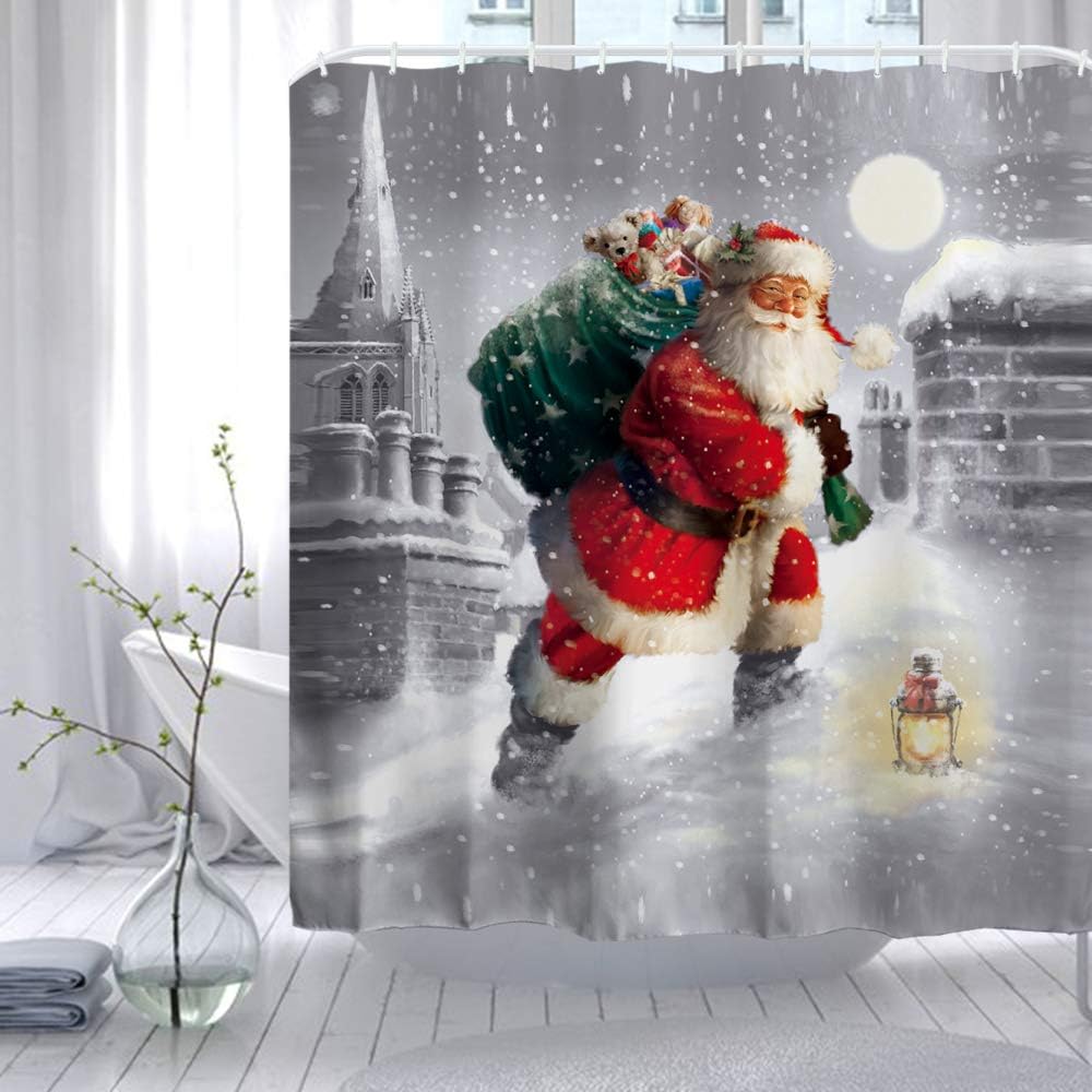 ORTIGIA Christmas Shower Curtain Set,Smiling Santa Claus Bathroom Curtains, Waterproof Polyester Fabric -60" W x 72" L (150cmx180cm) with Hooks