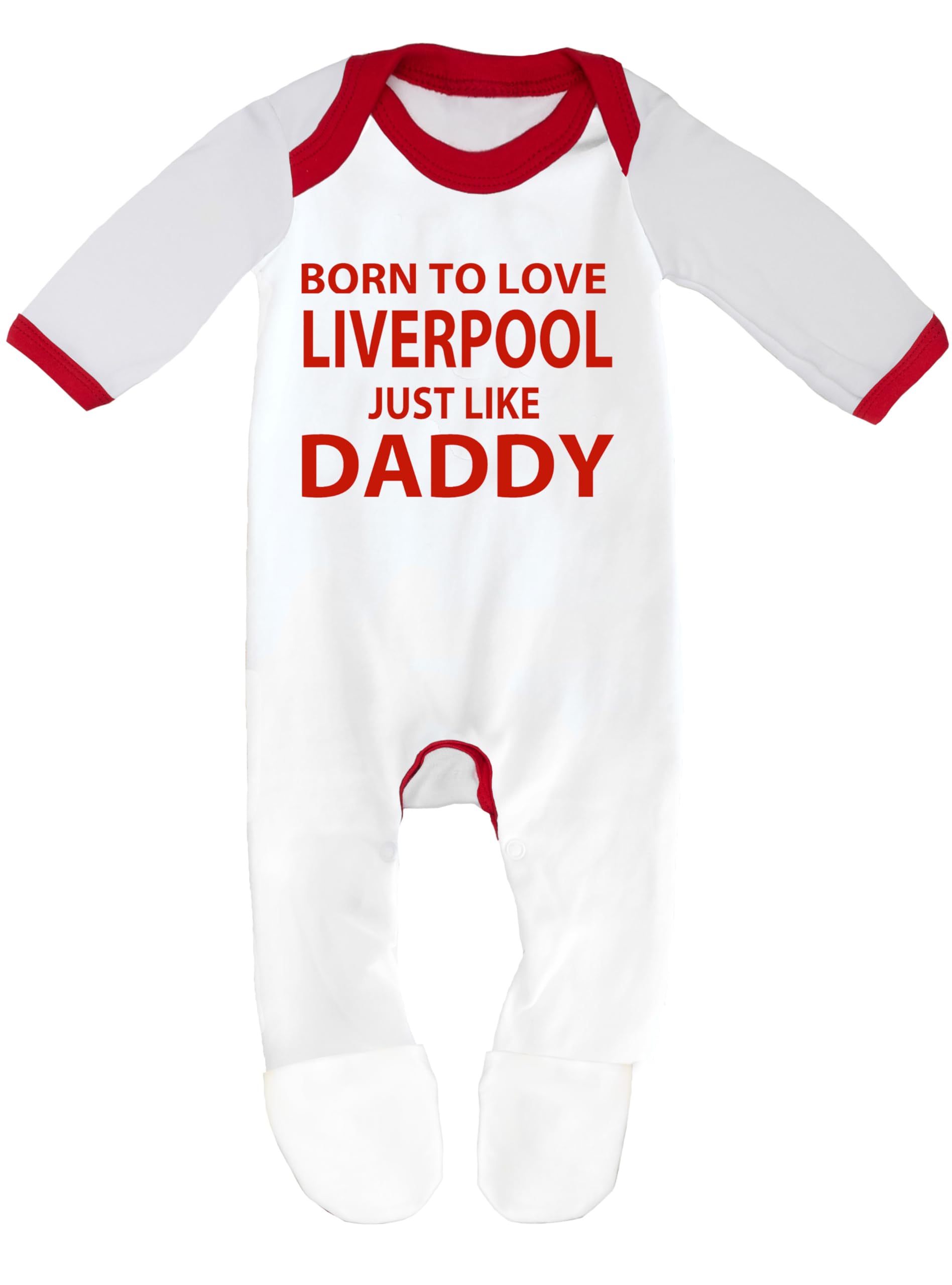 Cheekytots Baby Sleepsuit – Born To Love Liverpool Just Like Daddy – 100% Cotton Baby Romper (0-3 Months, White/Red Trim)