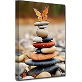CXHOSTENT Zen Canvas Wall Art Zen Stone Bathroom Pictures Butterfly Canvas Print Spa Painting Framed Artwork for Yoga Meditation Room Spiritual Gift (Zen-2, 12.00"x18.00")