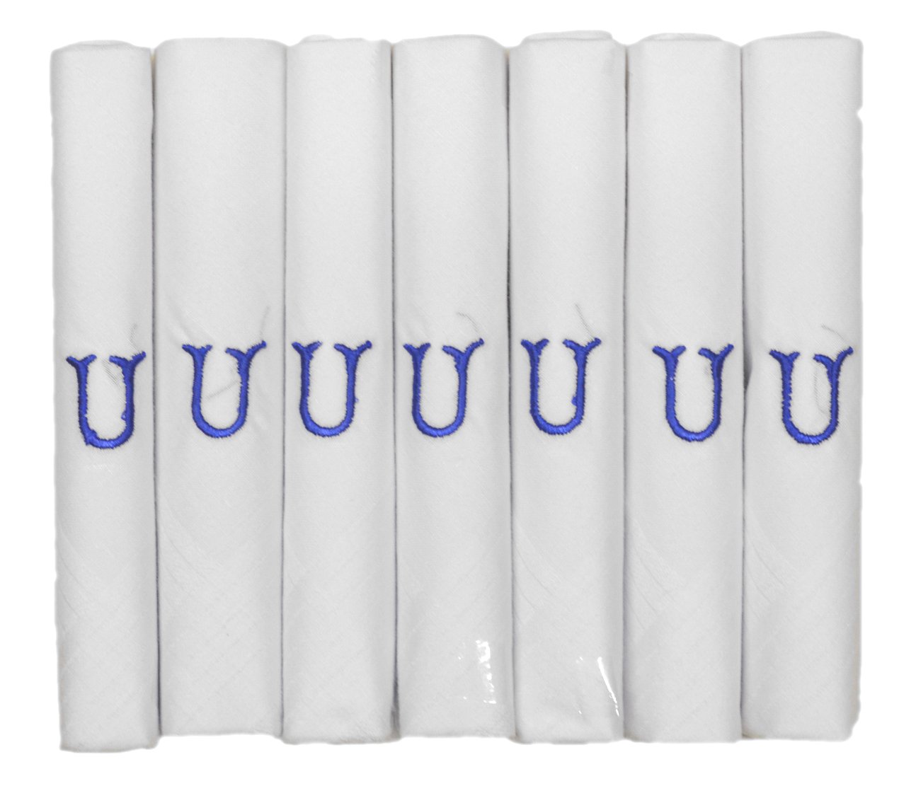 7 Pack Of Mens/Gentlemens White Satin Bordered Handkerchiefs With & Blue Embroidered Initials, U