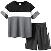 kadoubiyoo Boys Clothes Boys' 2-Piece Summer Outfit Color Block T-Shirt and Shorts Set 6-14 Years