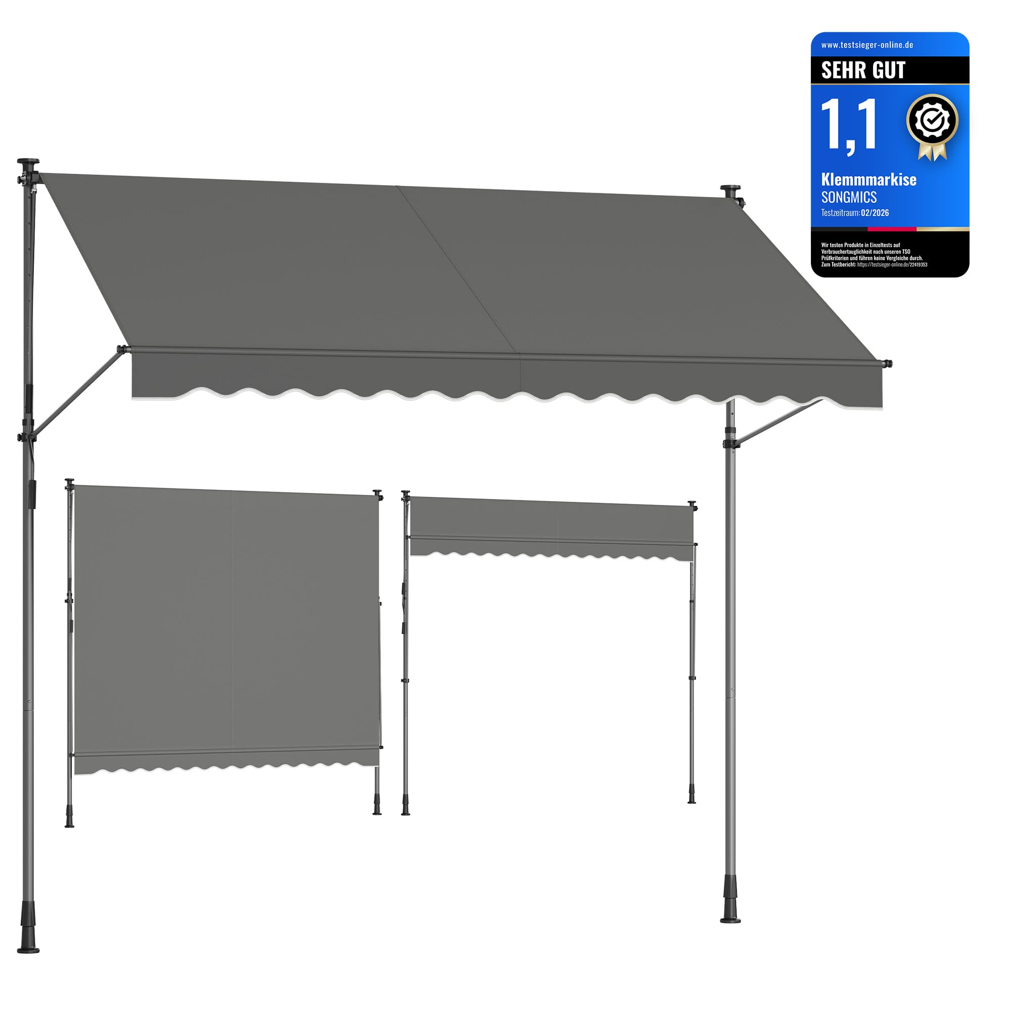 SONGMICS Klemmmarkise, Balkonmarkise, höhenverstellbar, mit Handkurbel, Sonnenschutz, für Balkon, Terrasse, Garten, 300 x 120 cm, anthrazit GSA302G02