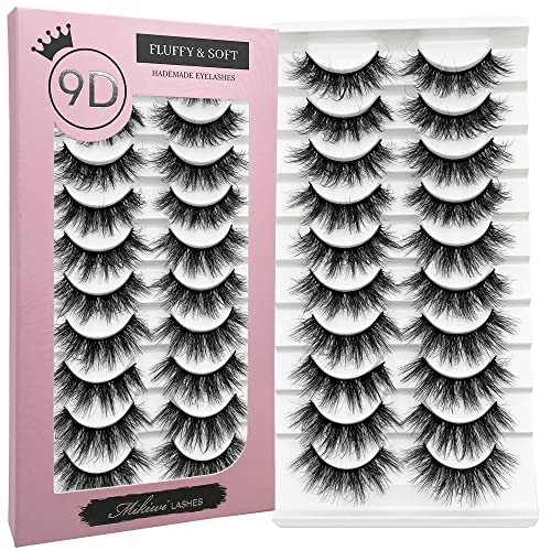 Fluffy Lashes Mikiwi Faux Mink Eyelashes, 9D Volume Fluffy Eyelashes, Faux Mink Lashes Wispy EyeLashes, Reusable Long 20mm lash Pack