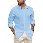 Mens Button Up Shirts Linen Beach Long Sleeve Casual Cotton Summer Lightweight Tops