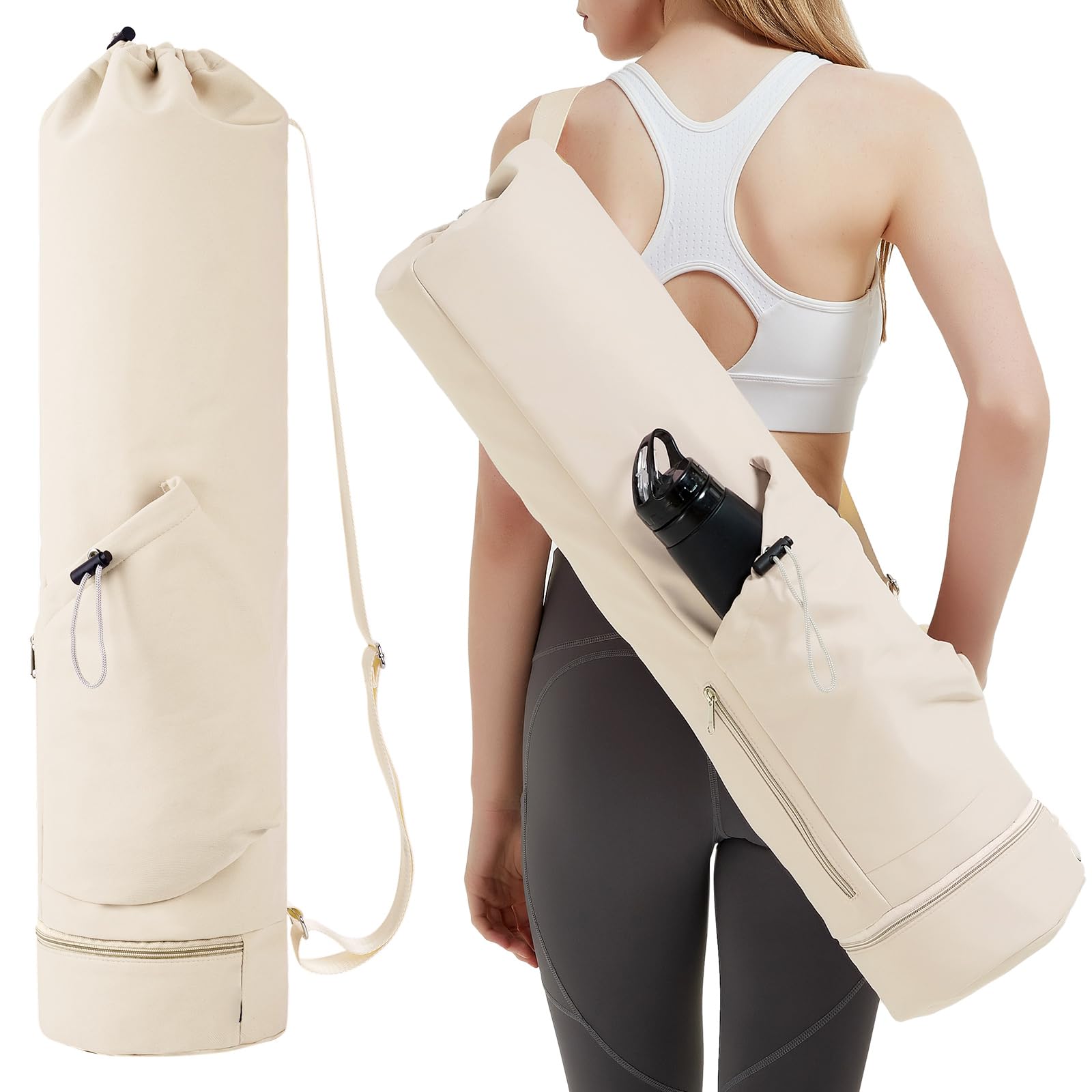 sportsnew Yoga Mat Bag Large with Adjustable Carry Strap Pilates Bag with Bottle Pocket and Wet Compartment, Beige (Patent Pending)
