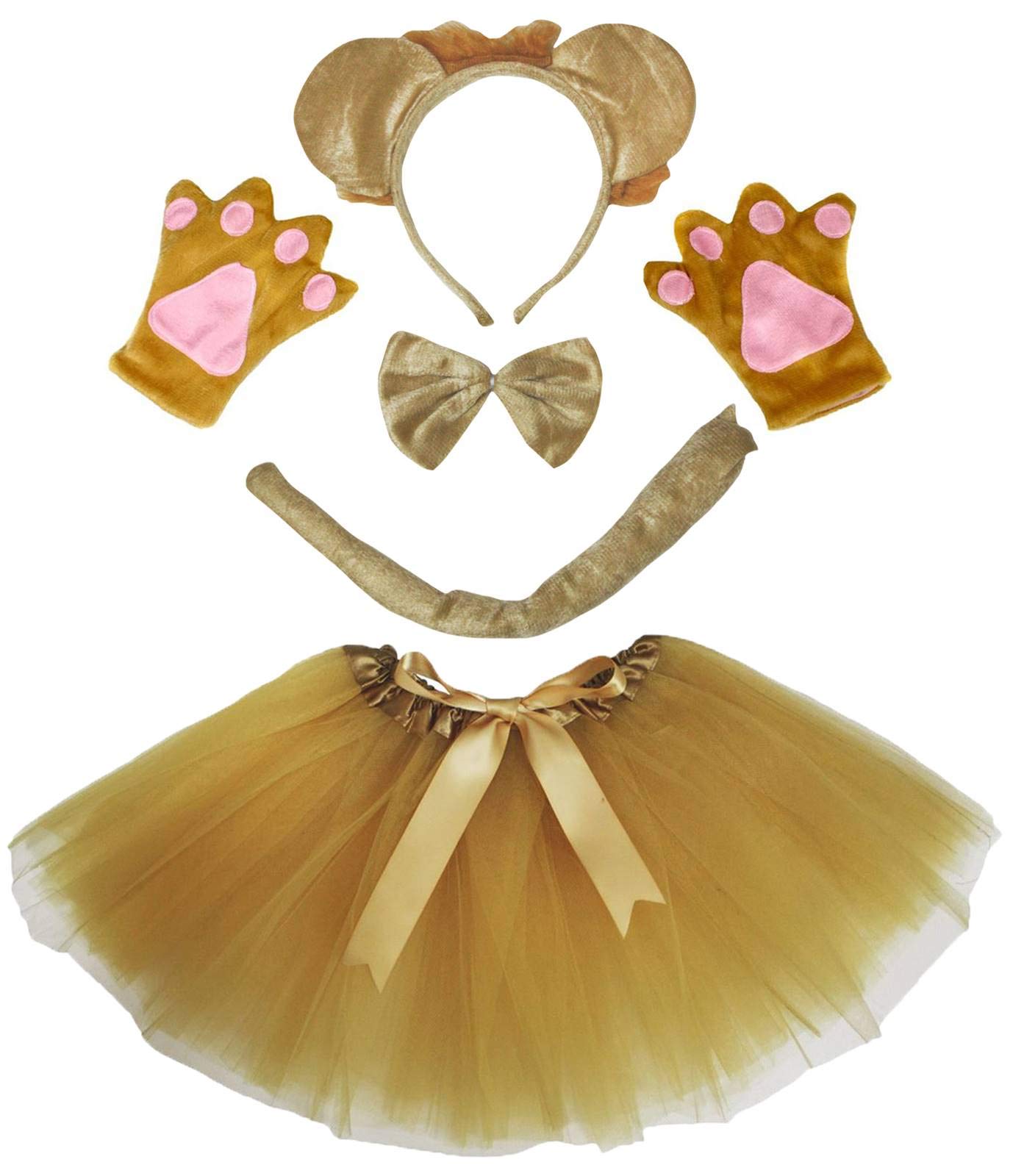 Petitebelle Cute Headband Bowtie Tail Gloves Tutu 5pc Girl Costume 1-10y (Lioness, 1-5 Years)
