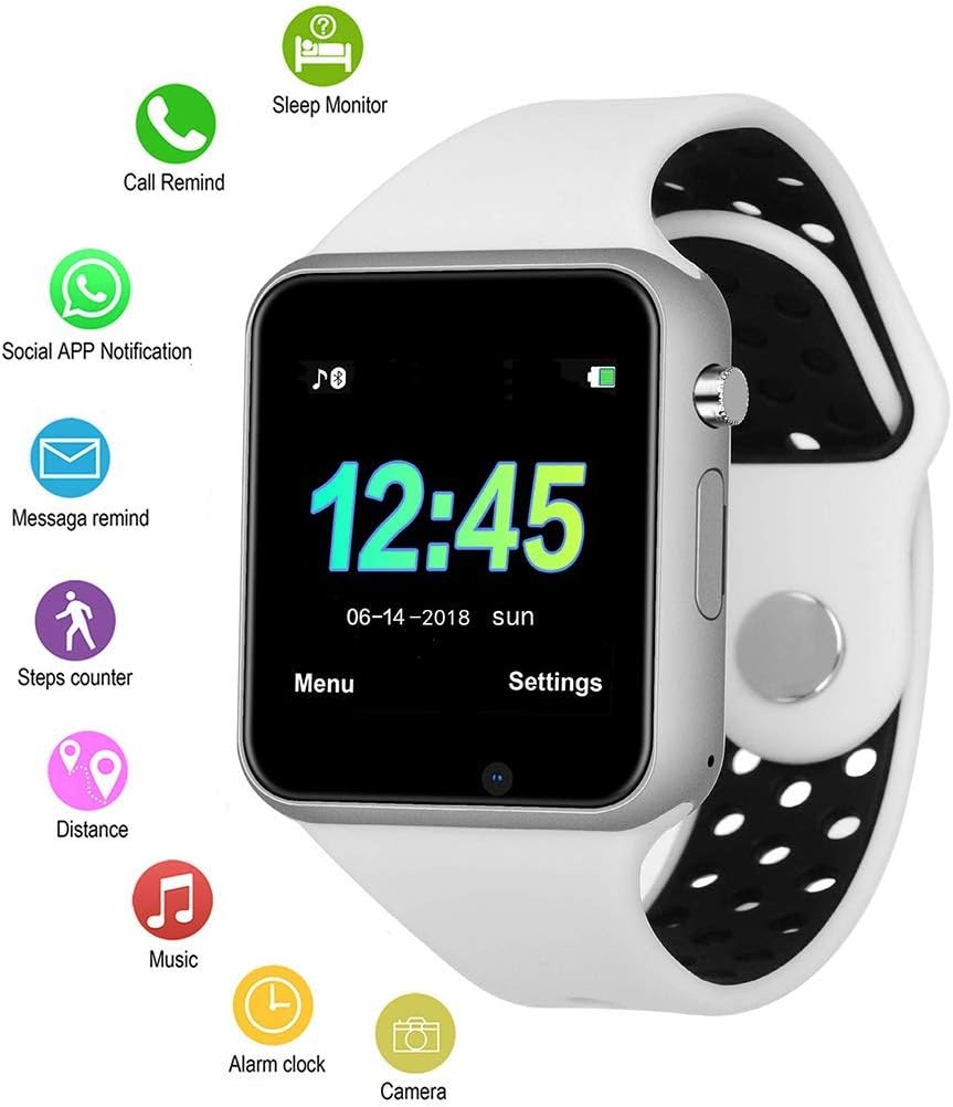 Touch Screen Bluetooth Smart Watch, VESKYS Sport Smart Wrist Watch Support SIM/TF Card with Pedometer Sleep Monitor Compatible for Men Women (White)