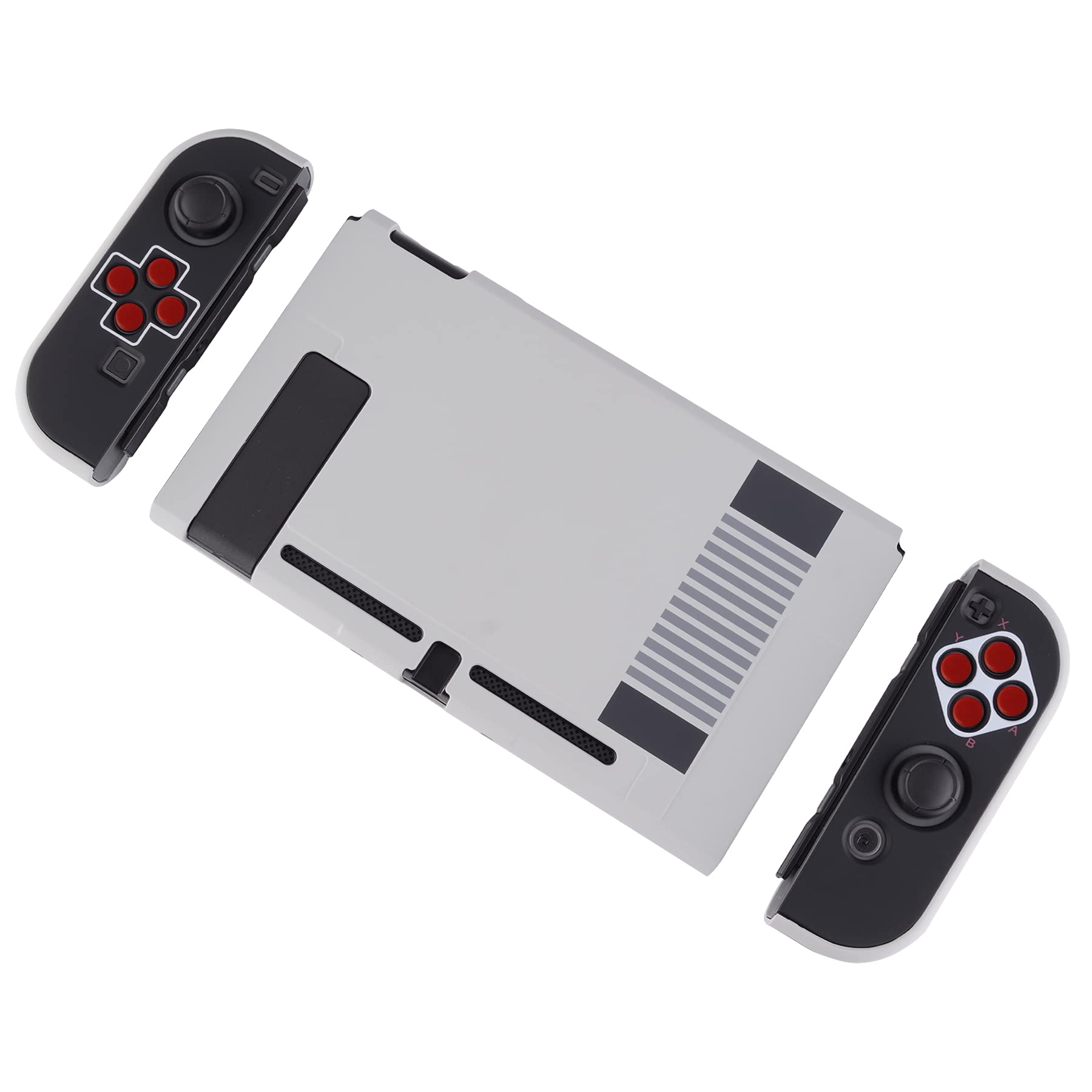 eXtremeRate PlayVital Back Cover for Nintendo Switch Console, NS Joycon Handheld Controller Protector Hard Shell, Dockable Protective Case with Red ABXY Direction Button Caps - Classics NES Style