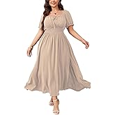 SHESTARR Women's Plus Size Maxi Dress Short Sleeve Smocked Square Neck Tie Front Split A-Line Flowy Long Dresses