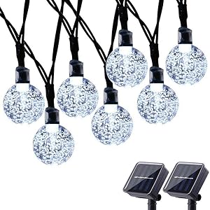 Toodour Solar String Lights 50 LED 29.5ft Solar Patio Lights with 8 Modes, Waterproof Crystal Ball String Lights for Patio, Lawn, Party, Wedding, Garden Decorations (White, 2 Pack)