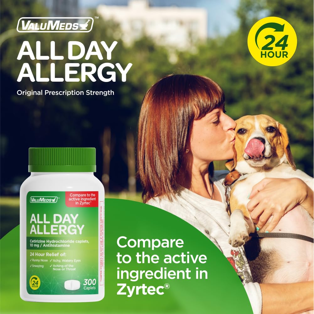 ValuMeds 24-Hour Allergy Medicine Antihistamine for Pollen, Hay Fever, Dry, Itchy Eyes, Allergies | Cetirizine HCl 10mg Caplets, Compare to Leading Brand (300 Count)