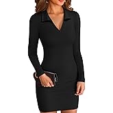 VICHYIE Women Lapel Neck Ribbed Bodycon Tight Fall Dress Long Sleeve Mid Thigh Pencil Above Knee Dresses