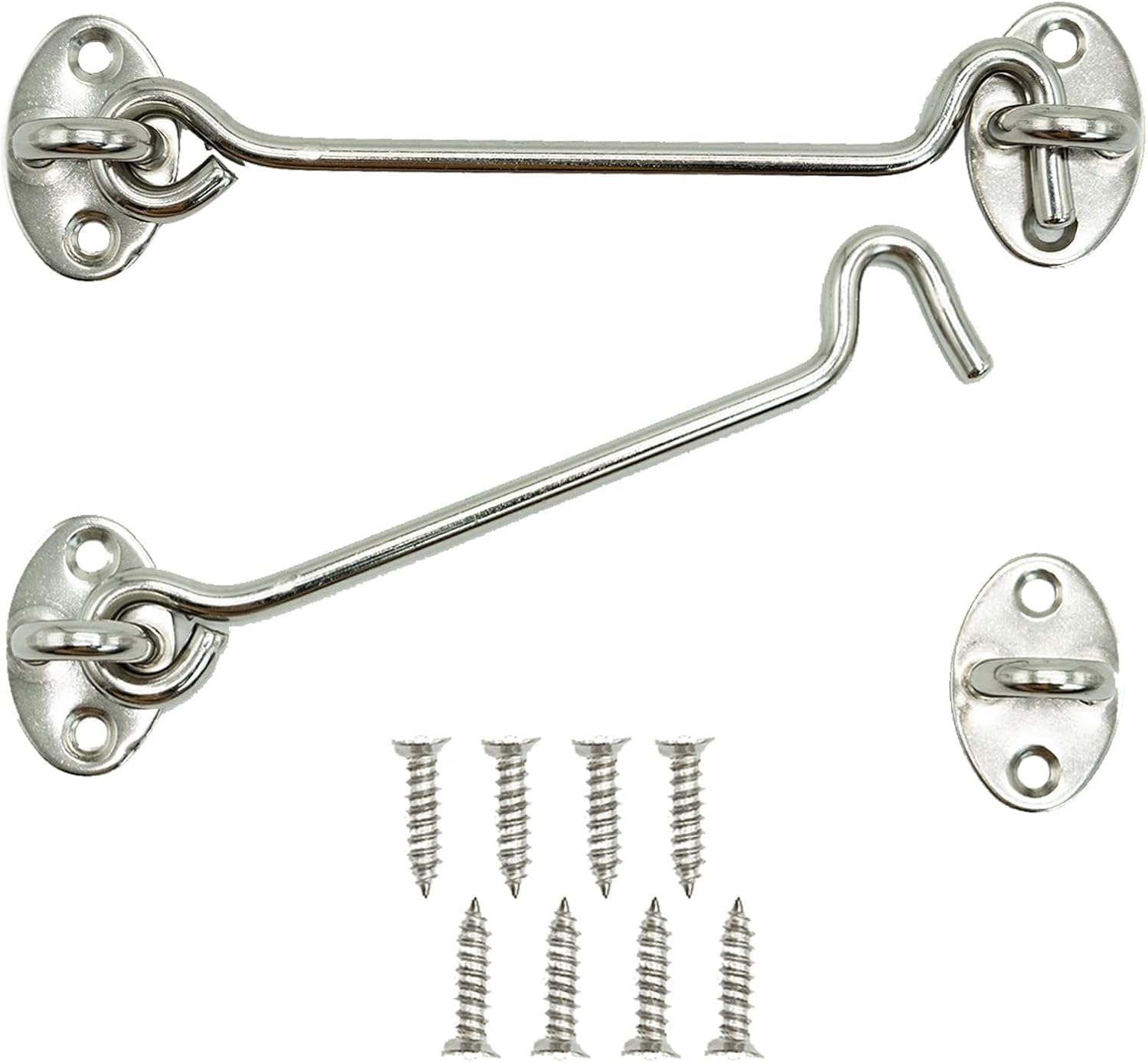 2 Pcs 6 Inch Hook and Eye Latch Set with 8 Matching Screws,Gate Latch and Door Hook,Stainless Steel Cabin Hook, Gate Hook Lock, Barn Door Swivel Window Hook Lock (Silver)