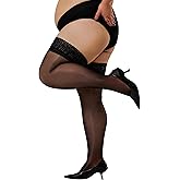 DORALLURE Shiny Thigh High Stockings for Women Plus Size Strong Stay Up Silicone Lace Top Sheer Pantyhose