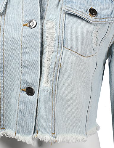 DRESSIS Womens Vintage Button Down Destroyed Cropped Denim Jacket LightBlue S - Thumbnail 4