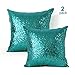 Sequin Pillow Covers 18x18 Inch-2 Pack Square Teal sequin pillow case,Glitter Decorative Throw Pillow Cases With Hidden Zipper & Luxury Satin Back Side