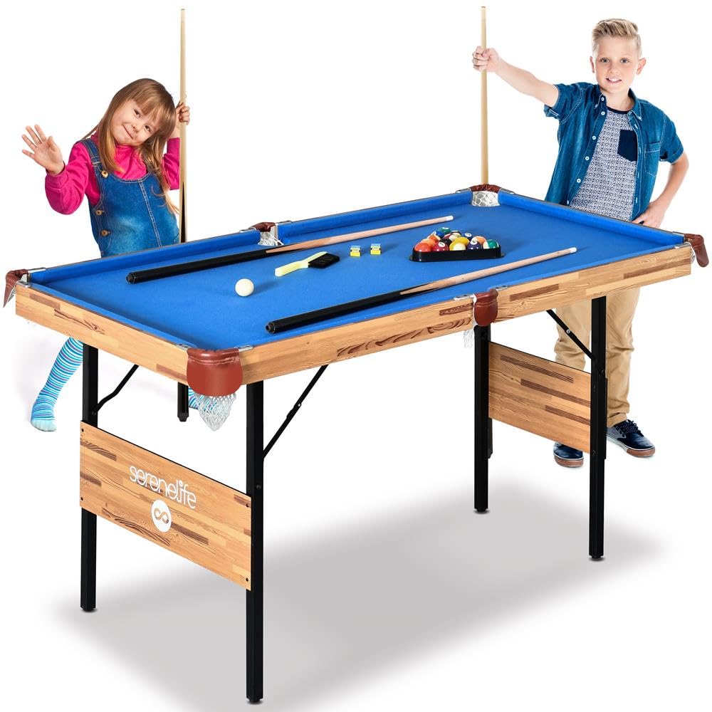 Photo 1 of SereneLife 4.5ft Folding Pool Table, 55in Portable Foldable Billiards Game Table for Kids and Adults with Accessories, Indoor and Outdoor Games with Sticks, Cue, Balls and Triangle, Blue