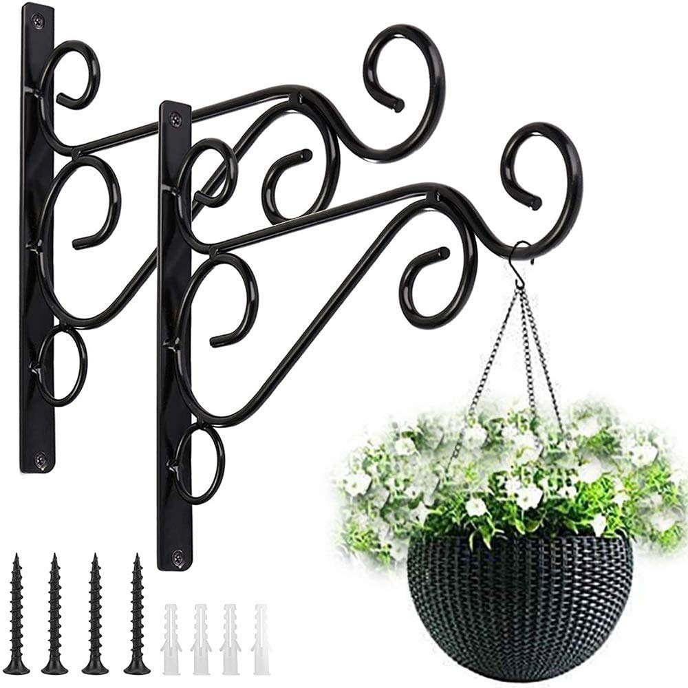 Hanging Basket Hooks Metal Wrought Iron Plant Wall Mount Brackets Hanger Holder Hanging Planters Heavy Duty 10 Inches Indoor Outdoor Garden Fence Lantern Wind Chimes Bird Feeders With Screws(2PACK)