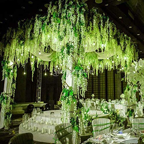 12pcs Artificial Wisteria Flowers 3.6 Feet/Piece Green Artificial Fake Wisteria Vine Ratta Hanging Garland Silk Flowers String Home Party Wedding Decor（Green-Dense）