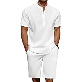 COOFANDY Men's 2 Pieces Linen Set Casual Henley Shirts Short Sleeve Beach Yoga Shorts Summer Pants Outfits