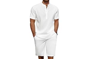 COOFANDY Men's 2 Pieces Linen Set Casual Henley Shirts Short Sleeve Beach Yoga Shorts Summer Outfits