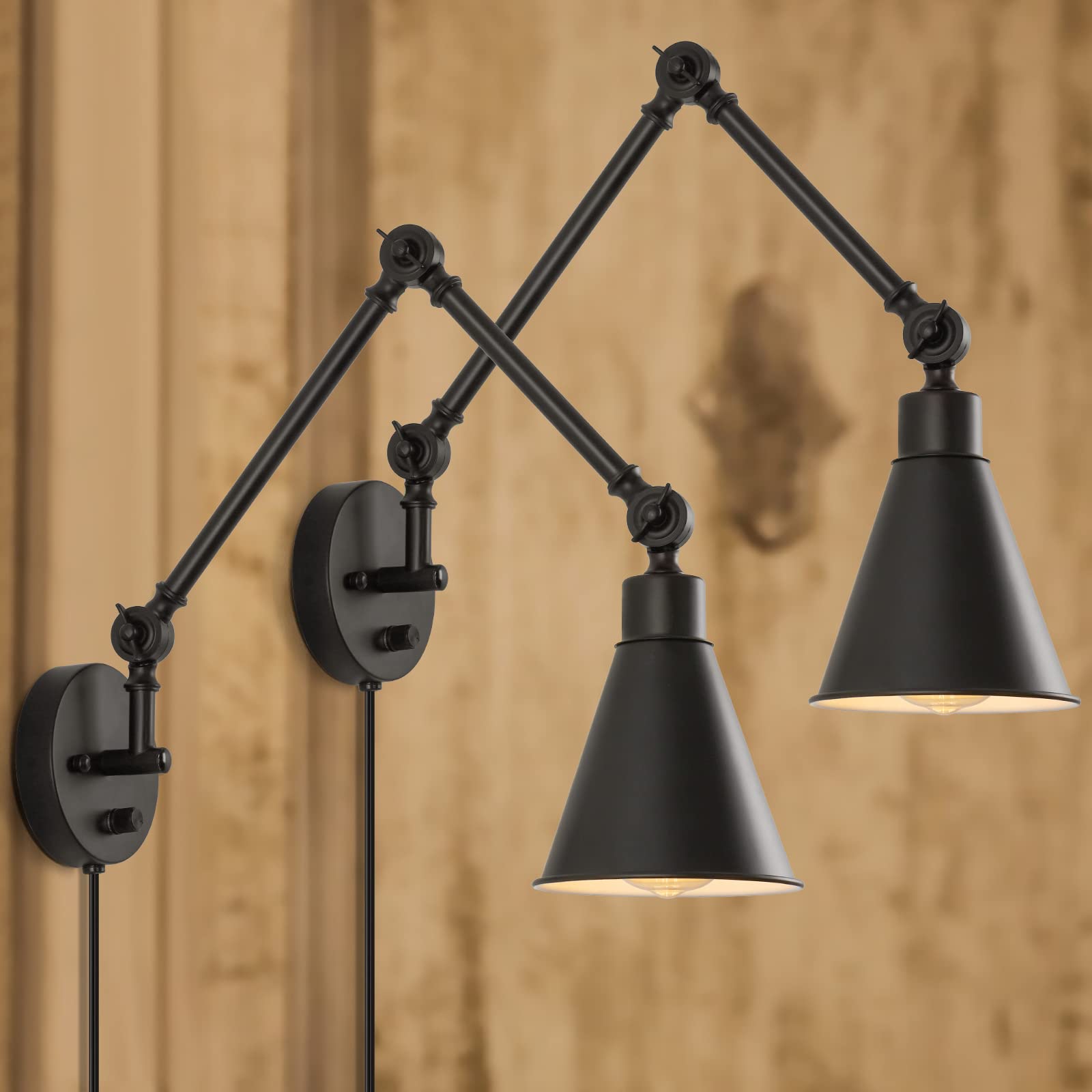 Photo 1 of CADUKE Swing Arm Wall Lamp for Bedroom, Set of 2 Plug in Wall Light Fixture with Dimmable Switch, Industrial Metal Black Wall Reading Sconce for Living Room Farmhouse Hallway