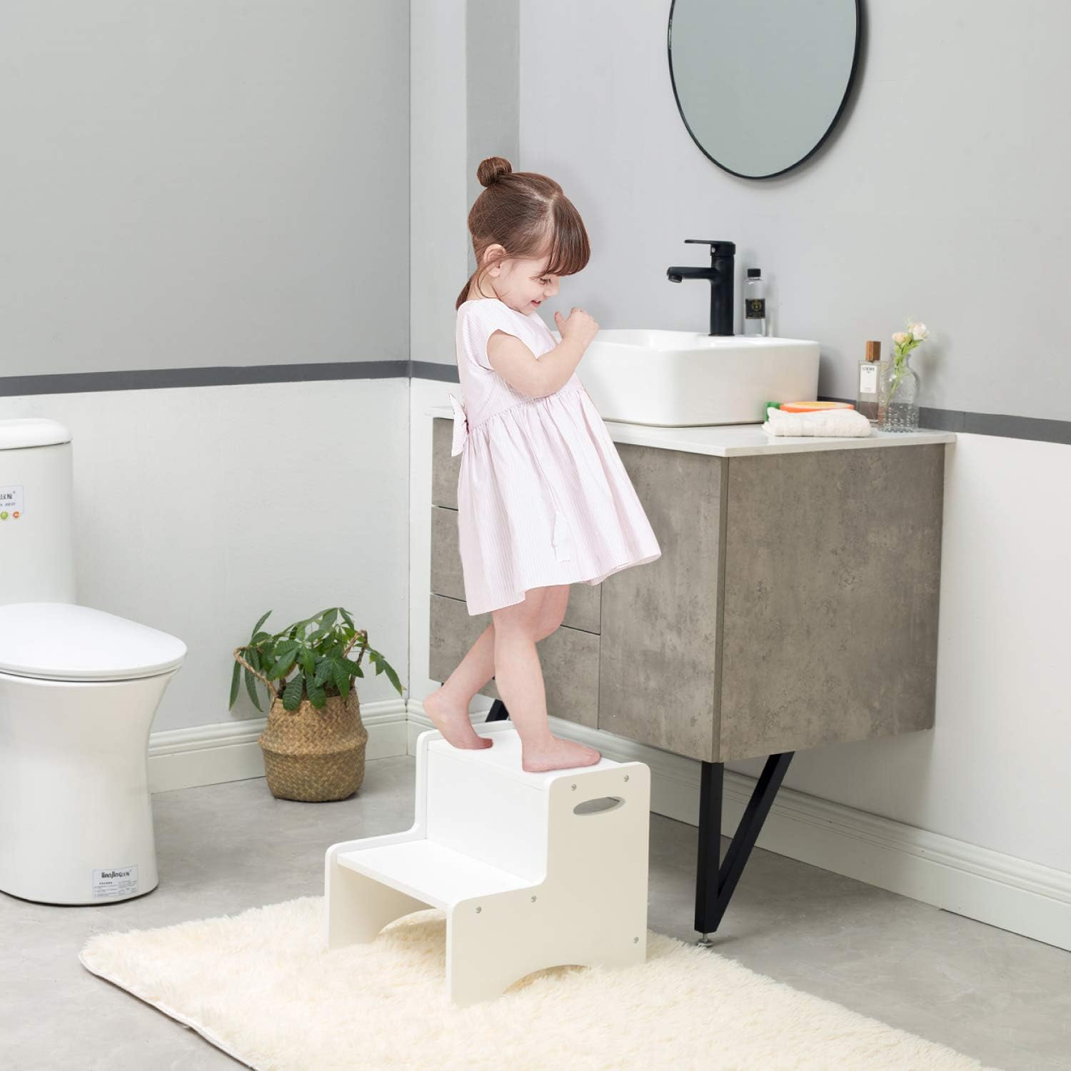 WOOD CITY Wooden Toddler Step Stool for Kids, White Two Step Children's Stool with Handles, Bonus Non-Slip Pads for Safety, Bathroom Potty Stool & Kitchen Step Stools Dual Height: Furniture & Decor